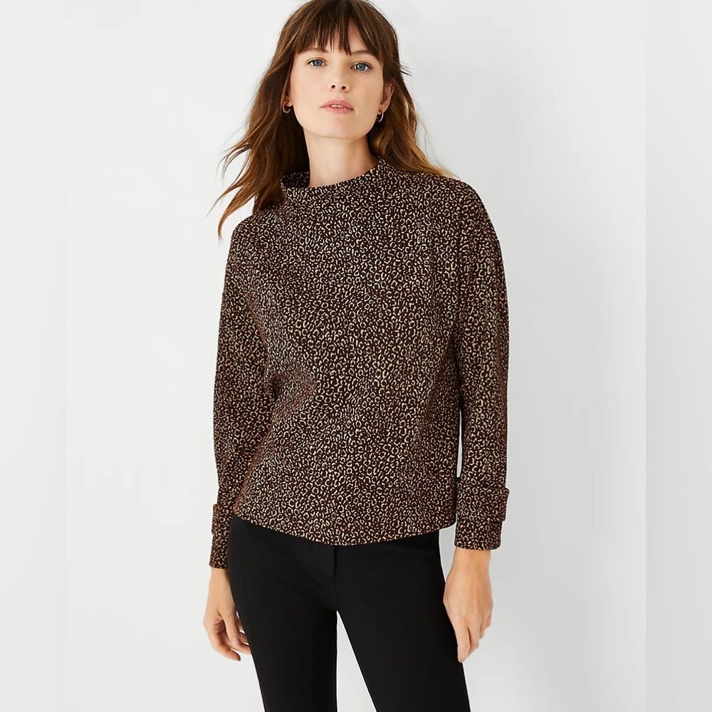 Ann Taylor Petite Animal Jacquard Button Cuff Top SZ XXSP Cheetah Print